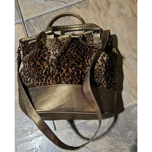 Tianni Purse Crossbody Animal Fleece Print Cheetah Gold Pockets Zipper Dbl Strap - Picture 1 of 7